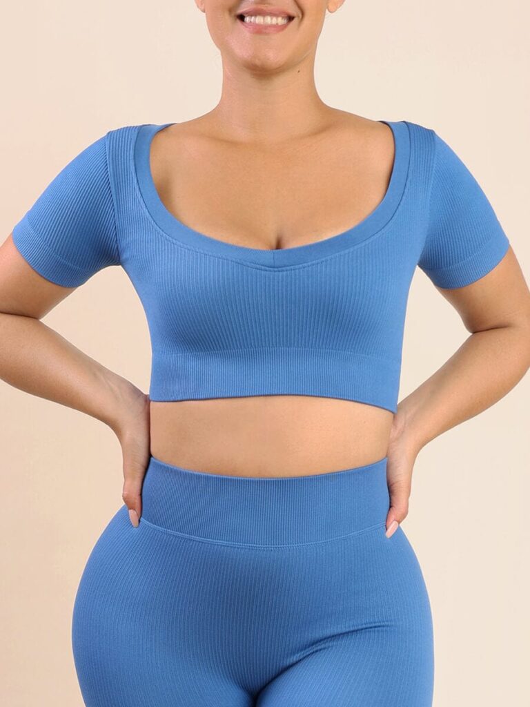 Wholesale Blue High Elasticity Sports Bra Fitness Yoga Short Sleeves