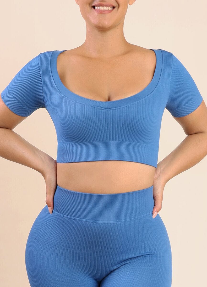 Wholesale Blue High Elasticity Sports Bra Fitness Yoga Short Sleeves